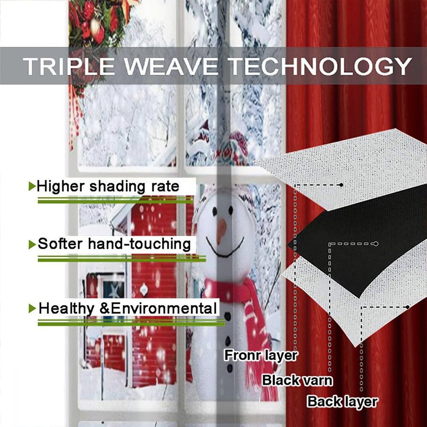 FengMingRui Merry Christmas Curtains Winter Festival Snowman Christmas Tree New Year Christmas Window Treatment Bedroom Living Room Decoration Blackout Decor Window Drapes 42" W X 63" L