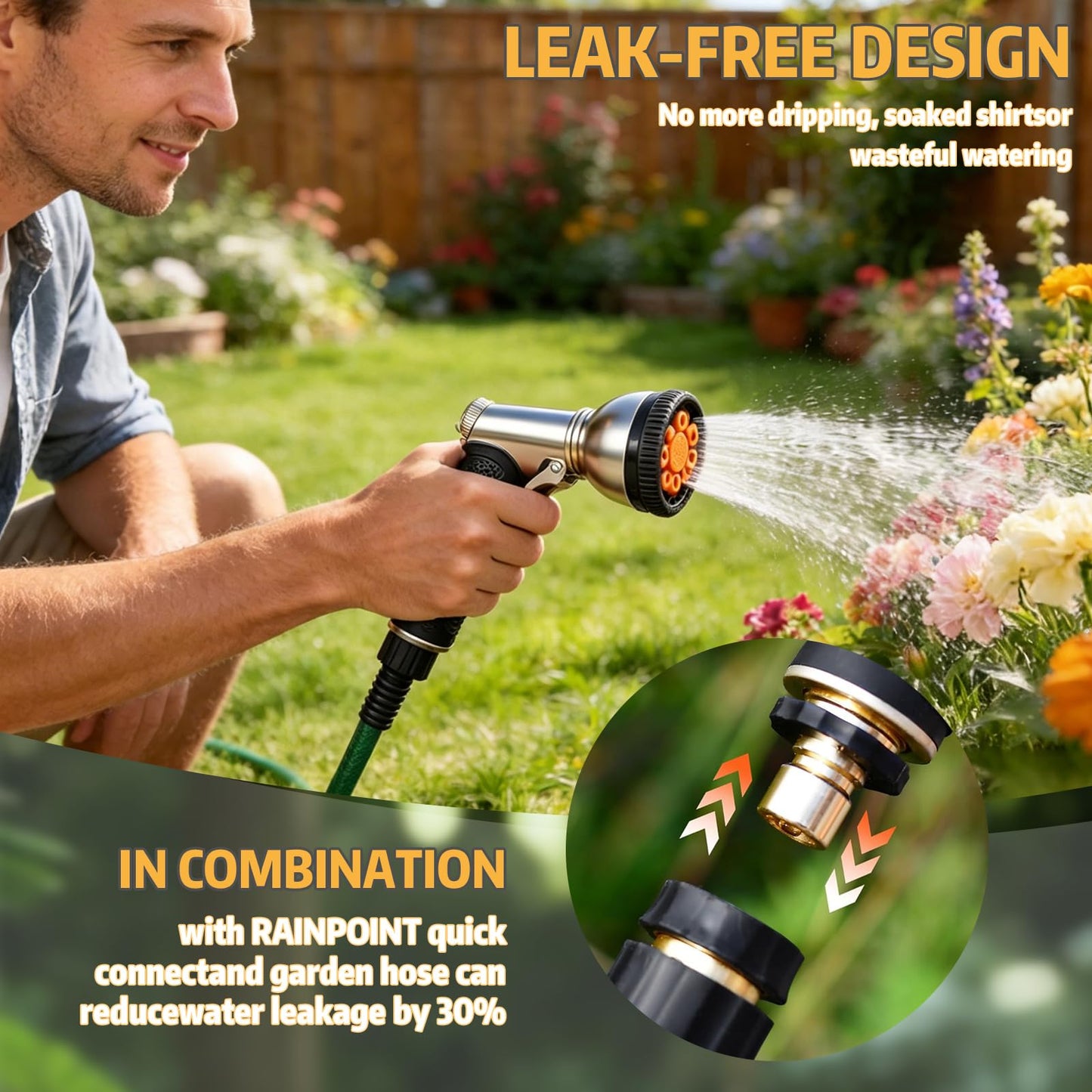 Livoanah Garden Hose Nozzle Heavy Duty, High Pressure Hose Sprayer with 9 Spray Patterns, Metal Water Hose Nozzle Leakproof for Car Washing, Lawn Care, Plant Watering, Patio Cleaning & Pets (orange)