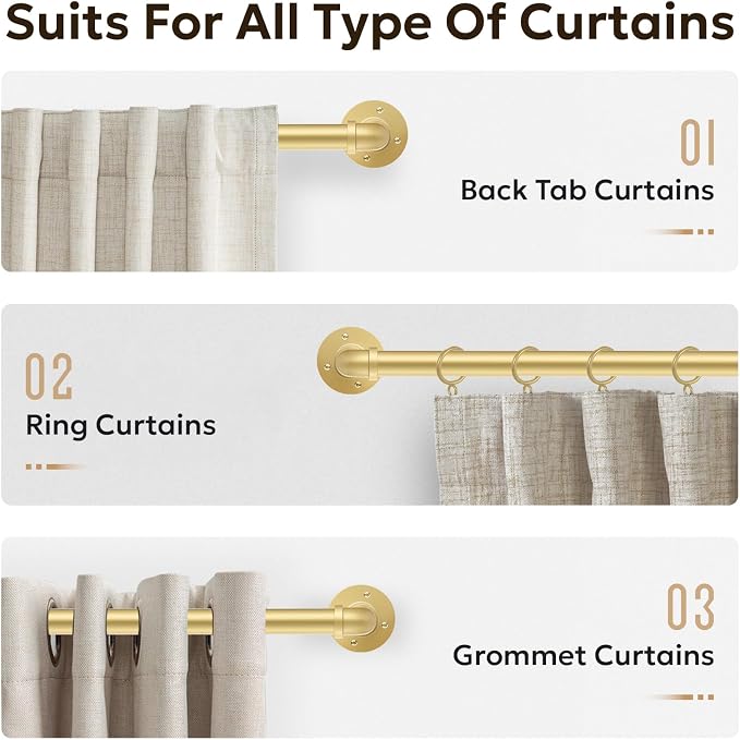 Zeerobee Curtain Rods for Windows 48 to 84, 1 Inch Industrial Wrap Around Gold Curtain Rod, Indoor/Outdoor Room Divider Adjustable Drapery Pole, 48"-86"