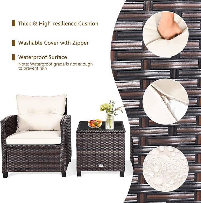 COSTWAY 3PCS Patio Furniture Set, PE Rattan Wicker Sofa w/Washable Cushion and