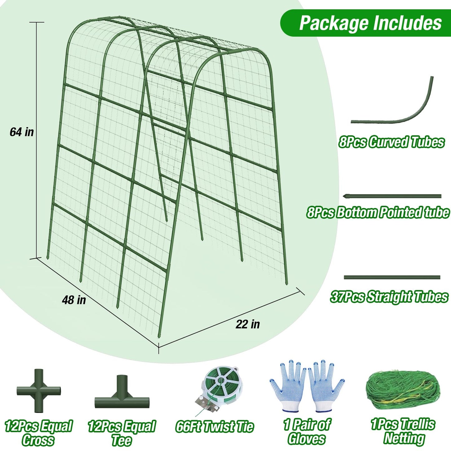 Cucumber Trellis 16mm for Raised Bed 48" L x 64" H, U-Shape Heavy-Duty Metal Garden Trellis for Climbing Plants Outdoor, Vegetable Arch Support Frame for Tomato Pea Zucchini Grape Flowers Vines
