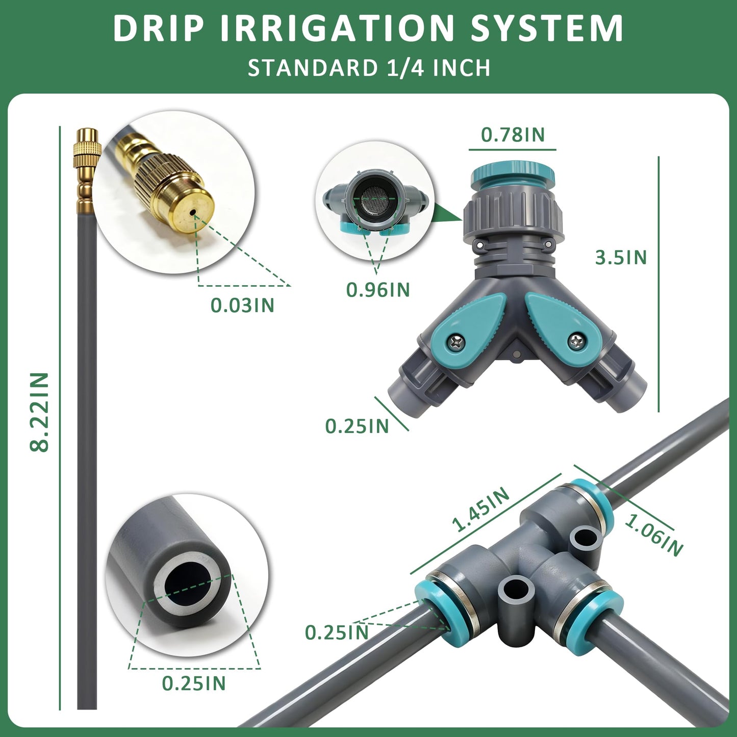 Drip Irrigation System 100FT 1/4", 360°Adjustable Garden Watering System with 16pcs Copper Nozzles, Drip Irrigation Kit for Outdoor Plants, Greenhouse Watering System