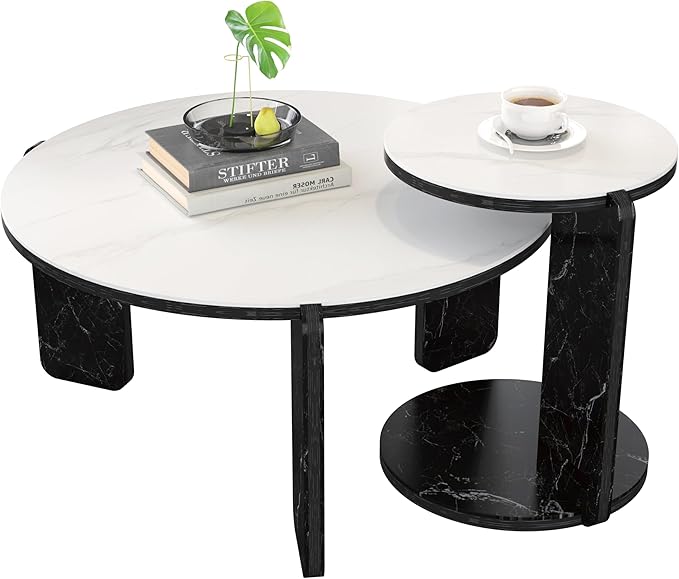 GDFStudio Round Nesting Coffee Table Set of 2, Modern Wooden Accent Side Table