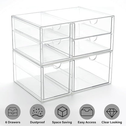 Prsildan Acrylic Drawer Makeup Organizer with 6 Drawers (Not for Baby Bottle), Set of 2 Office Desk Organizers Accessories, Clear Stackable Storage Drawers for Vanity, Craft (Largest Drawer 4" Tall)