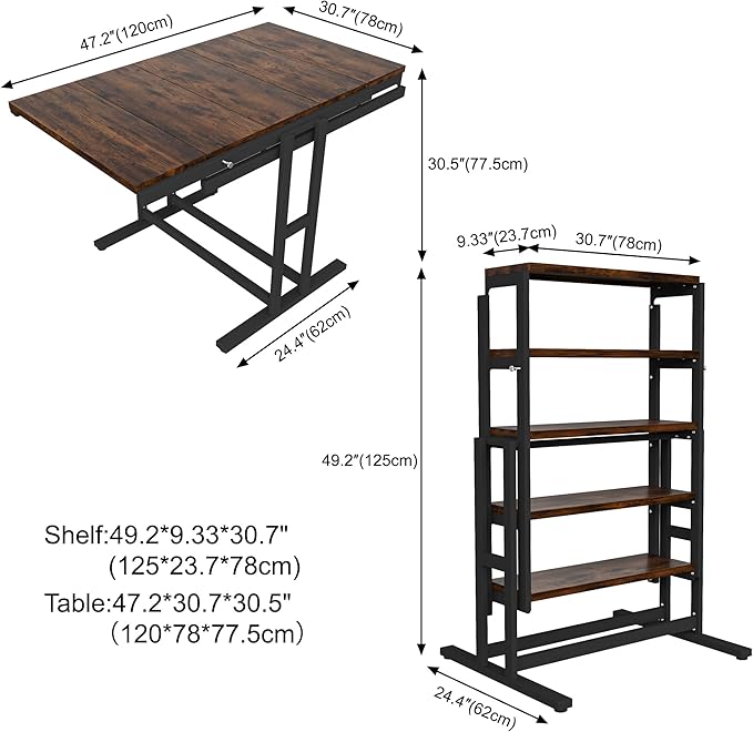 Convertible Dining Table, 2 in 1 Bookshelf to Kitchen Table, Space Saving