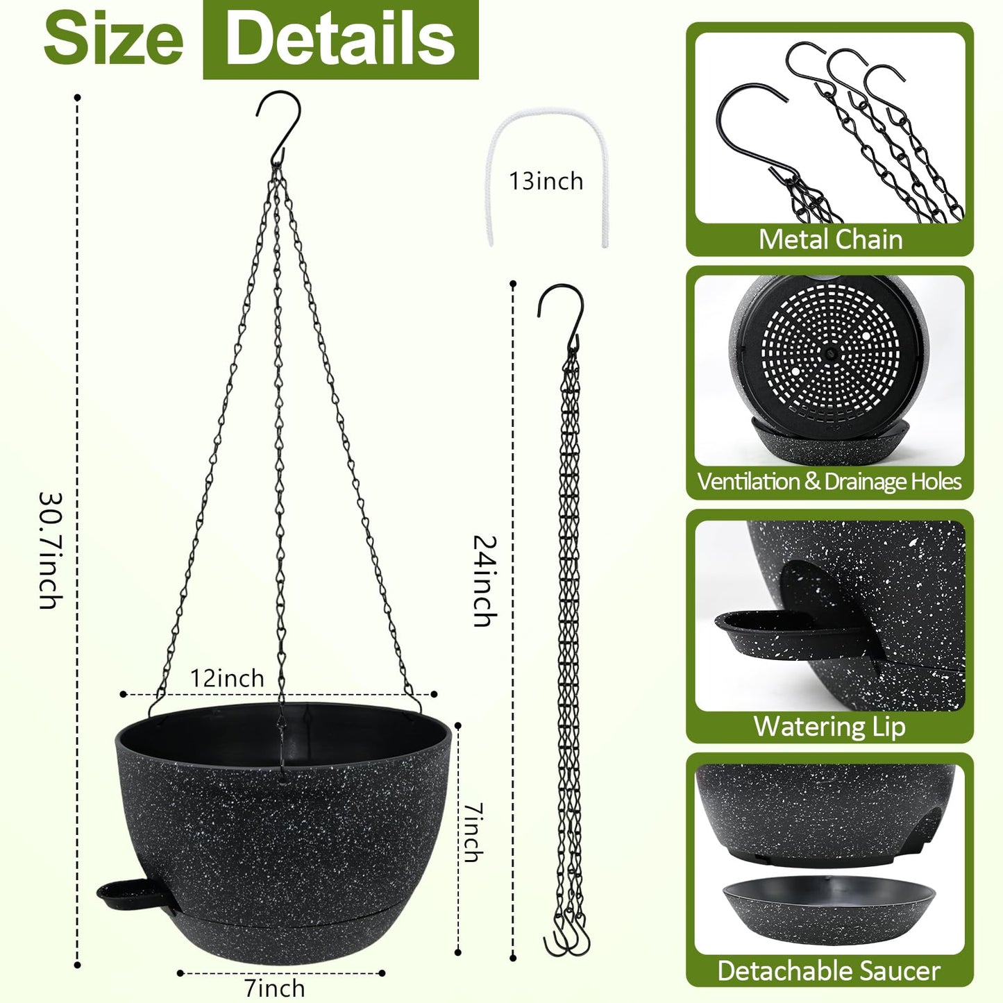 WOUSIWER Self Watering Hanging Planters, 2 Pack 12'' Plastic Pots with Drainage Holes & Reservoir Tray (Speckled Black) | Indoor & Outdoor Use for Ferns, Ivy, Herbs, Succulents