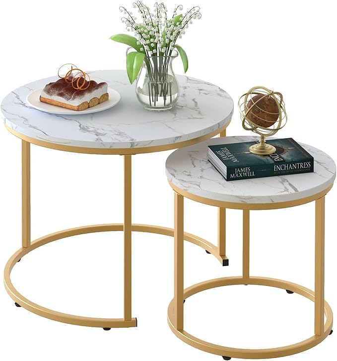 aboxoo Coffee Table Nesting White Set of 2 Side Set Golden Frame Circular Round