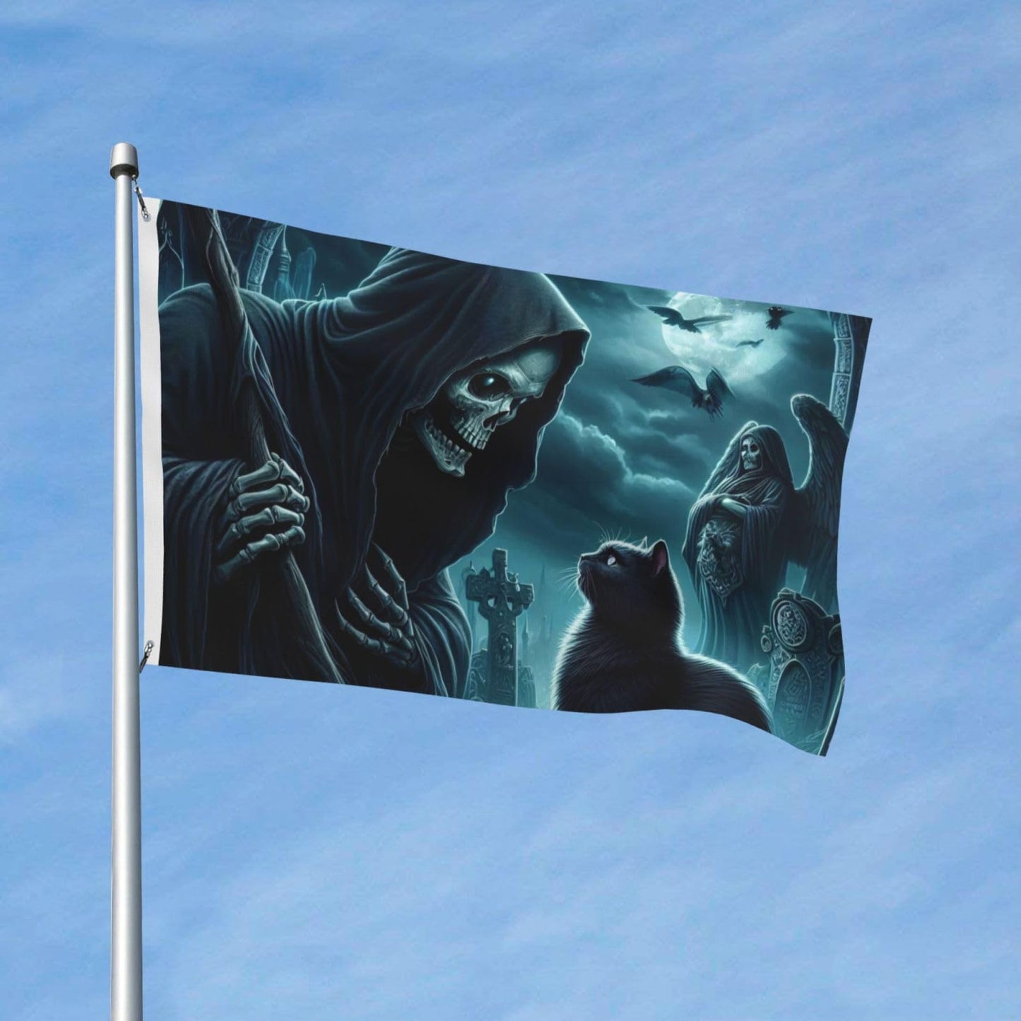 BOXIMIAO Reaper And Black Cat At Cemetery Flag 3x5 Ft Outdoor Polyester Garden Flag Double Sided Banner For Yard Lawn Porch Balcony Home Decorations