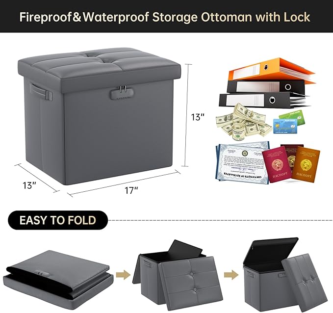 DocSafe Storage Ottoman with Lock, Fireproof Folding Ottoman Foot Rest Stool