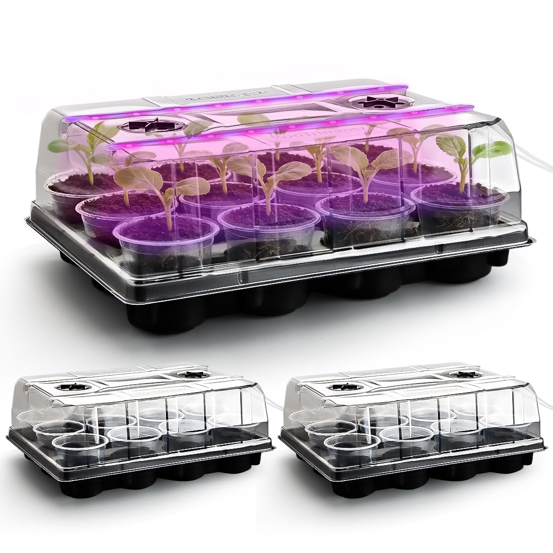 36 Pack 4 Inch Clear Plant Pots & 3 Pack 12 Cell Nursery Pot Trays with Humidity Dome and Growing Lights for Seed Starting, Germination, Seedling Propagation Plant Growing, Sturdy Gardening Kit 3 Sets
