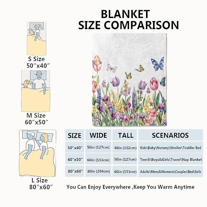 Spring Tulip Flower Blanket Cute Floral Throw Blankets with Colorful Butterfly,Birthday Gifts for Girls Women & Nature Lovers,Lightweight Soft Fleece,for Sofa Couch Bed Room Decor 50x60in