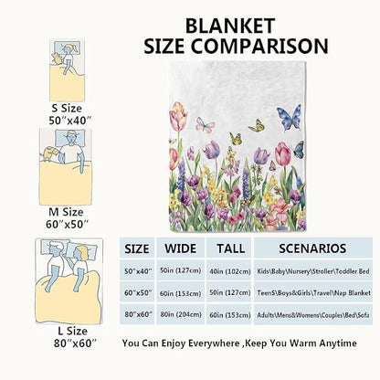 Spring Tulip Flower Blanket Cute Floral Throw Blankets with Colorful Butterfly,Birthday Gifts for Girls Women & Nature Lovers,Lightweight Soft Fleece,for Sofa Couch Bed Room Decor 60x80in
