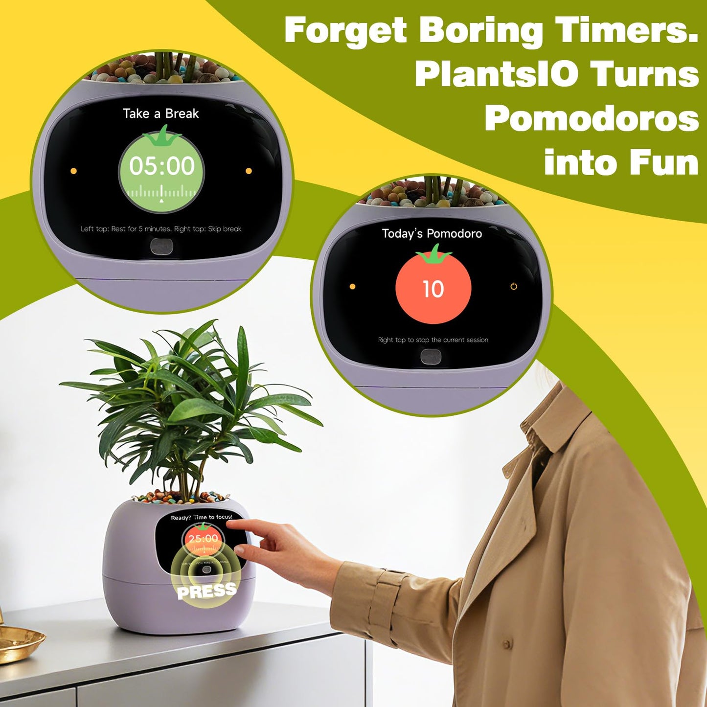 Smart Plant Pot with Visual Display – Soil Moisture, Water Level, Light & Battery Monitor, 80ml Self-Watering Reservoir, Supports 100+ Plants, Pomodoro Timer, Clock & Calendar-Purple