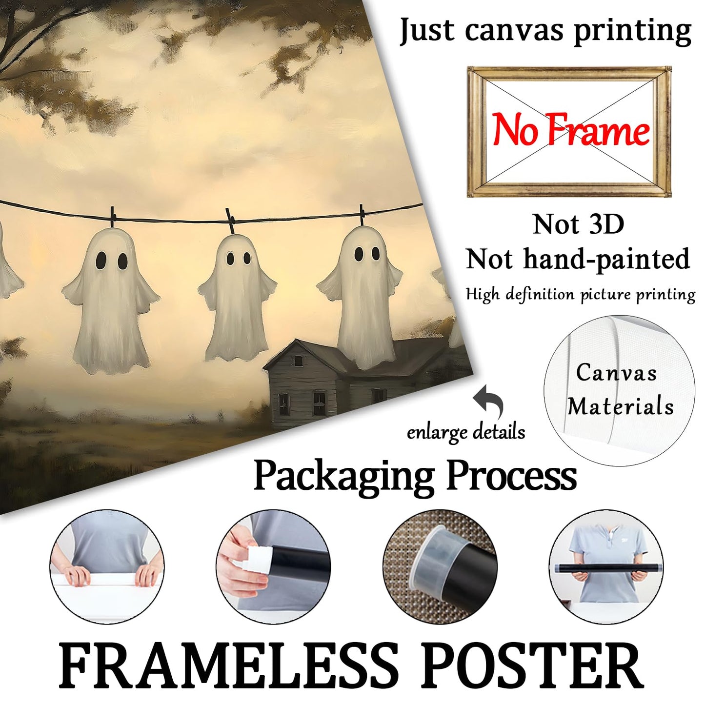 Farmhouse Ghost Wall Art Laundry Room Prints Halloween Landscape Poster Cute Ghost Pictures Gothic Forest Print Victorian Moody Paintings Spooky Wall Art Academia Dark Gothic Artwork 16x24in Frameless