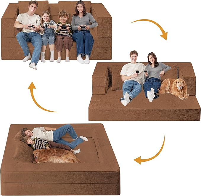 Folding Bean Bag Chair for Adults, 3-in-1 Bean Bag Couch Faux Fur Floor Sofa