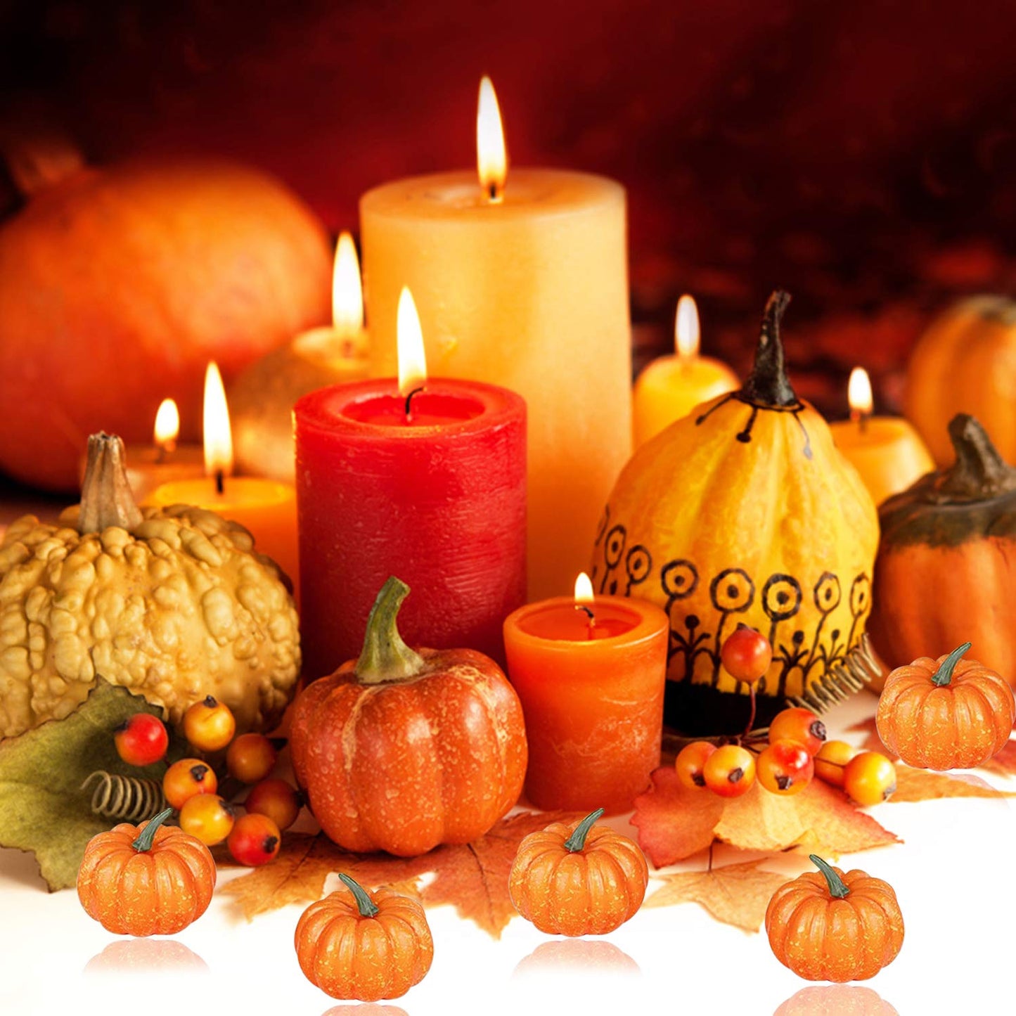 Lainrrew 12 Pcs Mini Artificial Pumpkins, Fall Harvest Simulation Pumpkins Decor Fake Fruit Home Decor for Halloween Thanksgiving Party Decorations (Orange)