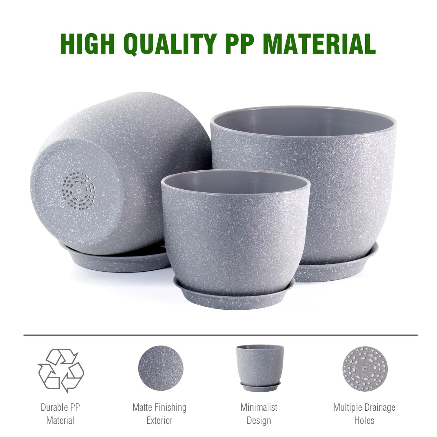WSMKSZ 10/9/8 inch Plant Pots, Set of 3 Modern Decorative Plastic Planters with Drainage Holes and Saucers for Garden House Plants, Flower Pots for Indoor Outdoor Plants, Speckled Grey