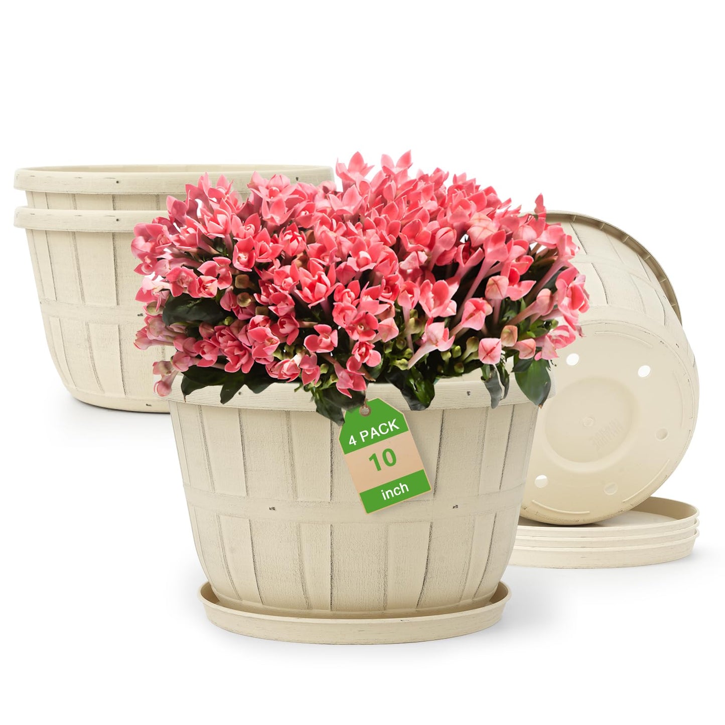 Quarut 10 inch Plastic Flower Pots for Indoor Plants，4 Pack Large Outdoor Planter Pot with Drainage Holes & Saucers，Imitation Wine Barrel Design，for Indoor Outdoor Garden Plants（White）