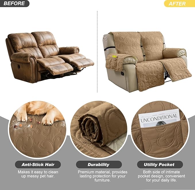 100% Waterproof Loveseat Recliner Cover, 4-Piece Split Reclining Couch Covers