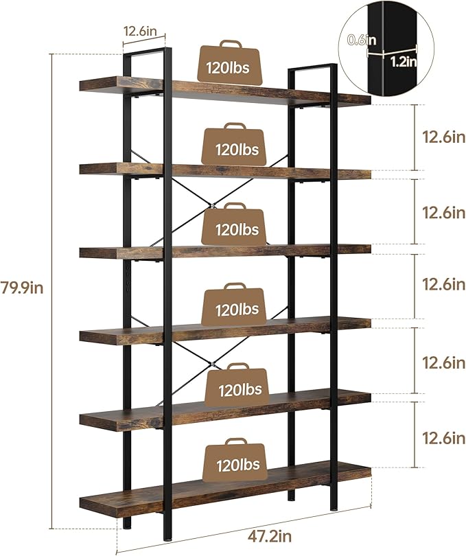 OtterOasis Bookshelf Set of 2, Heavy Duty 6-Tier Industrial Bookcase, 120lbs
