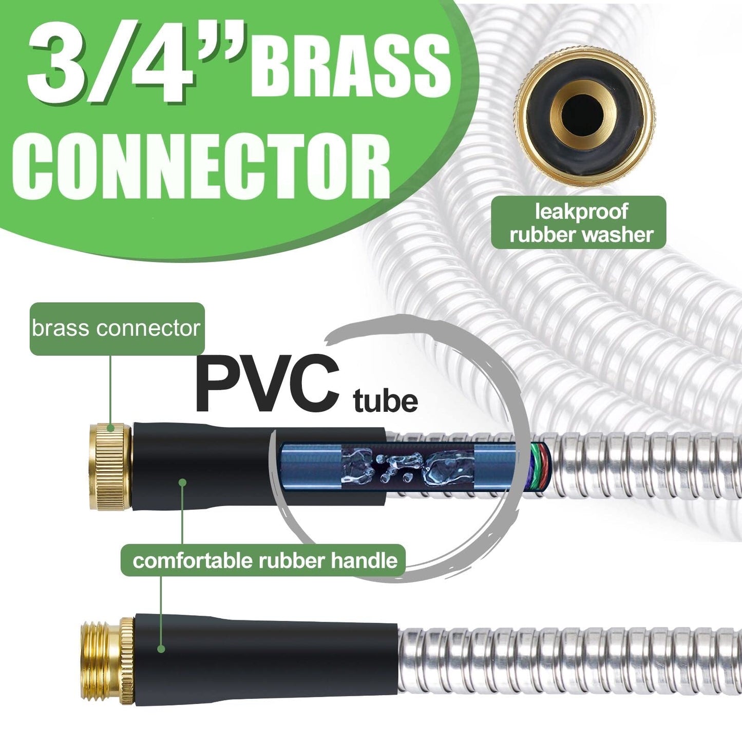 TVKB Metal Garden Hose Stainless Steel Metal water Hose Super Tough & Flexible Water pipe Lightweight, Crush Resistant Aluminum Fittings, Kink & Tangle Free, Rust Proof (50FT)