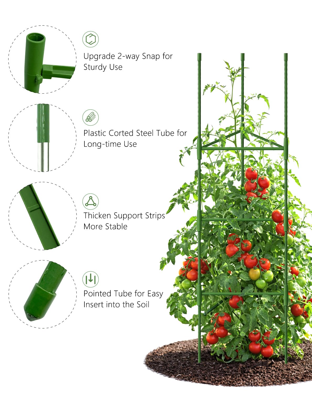 Growsun 51 inch Tomato Cage Heavy-Duty Plant Support Cucumber & Vine Vegetables – Adjustable Green Metal Garden Trellis for Climbing Plants, Indoor & Outdoor Use, 6 Pack