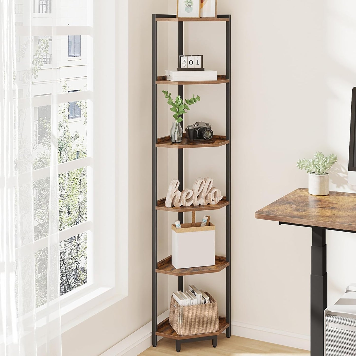 Hzuaneri Corner Shelf Stand, Corner Bookshelf, Storage Standing Shelf Unit with Metal Frame, Plant Stand, Bookcase for Living Room, Home Office, Bedroom, 6-Tier Rustic Brown CS06001B