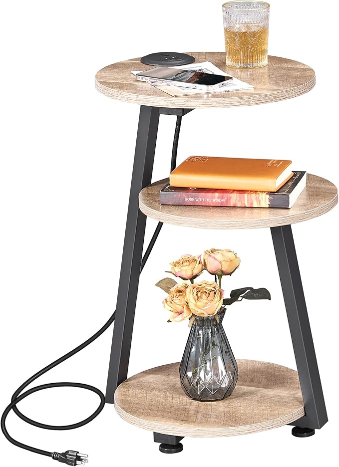 BEWISHOME Round End Table with Charging Station, Side Accent Table with 3-Tier
