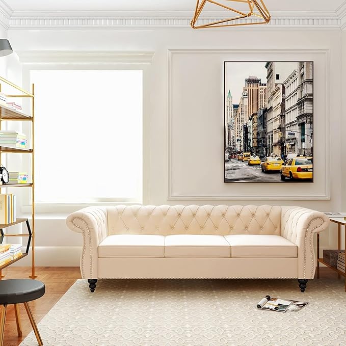 Mid-Century 3 Seater Sofa, Velvet Couch