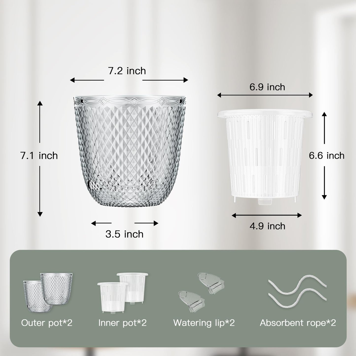 QCQHDU 2 Pack Self Watering Pots, 7.2 Inch Flower Pots with Drainage Holes and Water Filling Port, Plastic Garden Planter for Indoor Outdoor Plants (Clear)