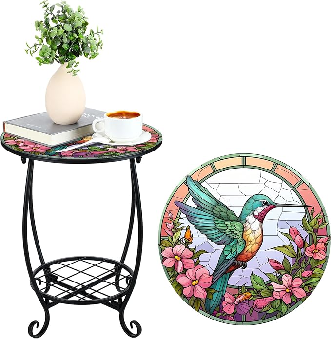 Cinnvoice Outdoor Side Table Round Small Mosaic Patio Accent Indoor End Plant