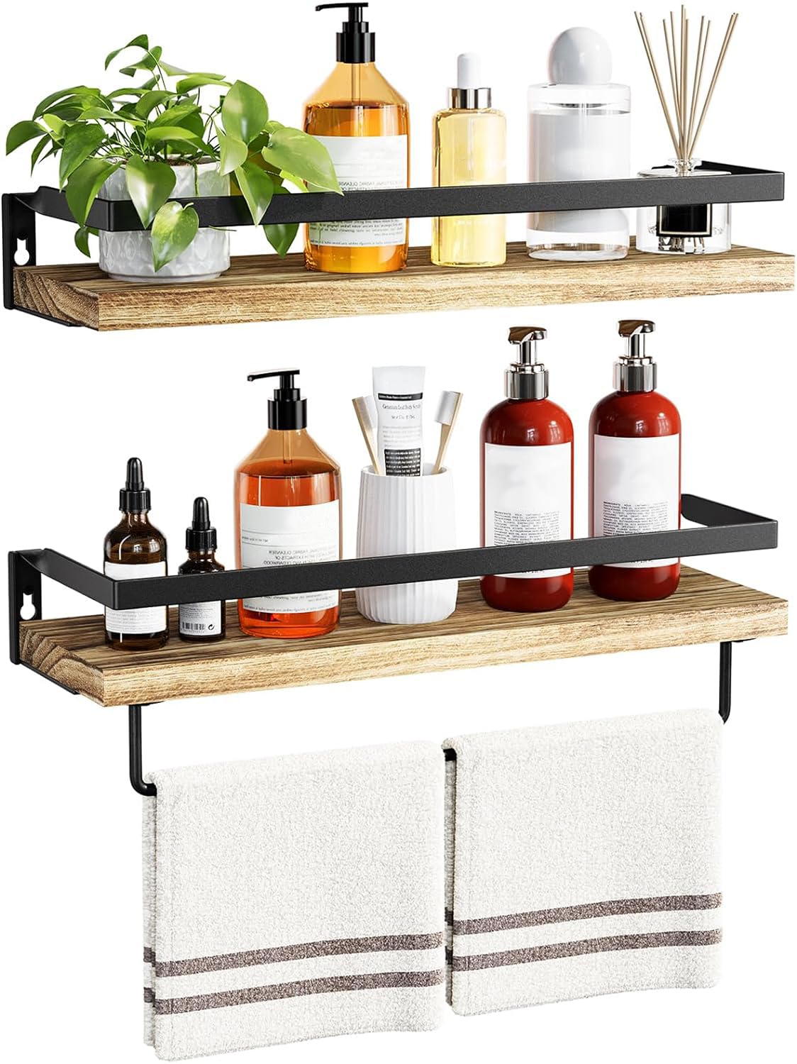 AMADA HOMEFURNISHING Bathroom Shelves with Towel Bar, Floating Shelves, Wall Shelves for Bathroom/Living Room/Kitchen/Bedroom, Light Brown Shelves Set of 2 - AMFS01