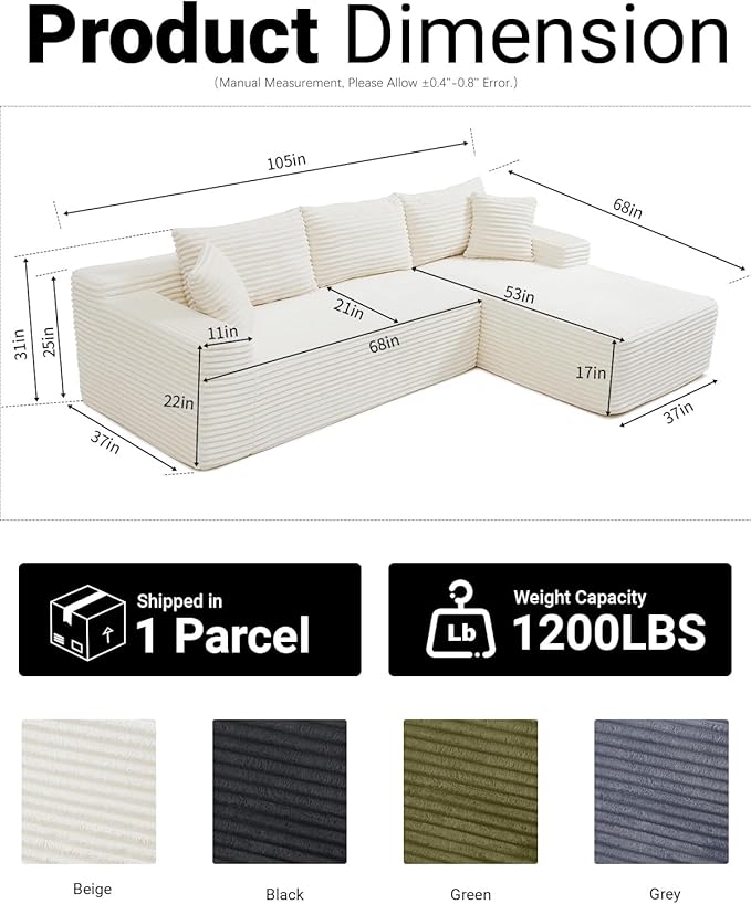 Cloud Sectional Couch, Corduroy Boneless Couches