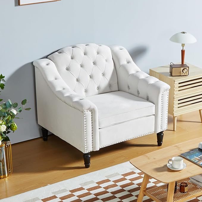 LEVNARY White Velvet Chair for Bedroom, Upholstered Sofa Chair