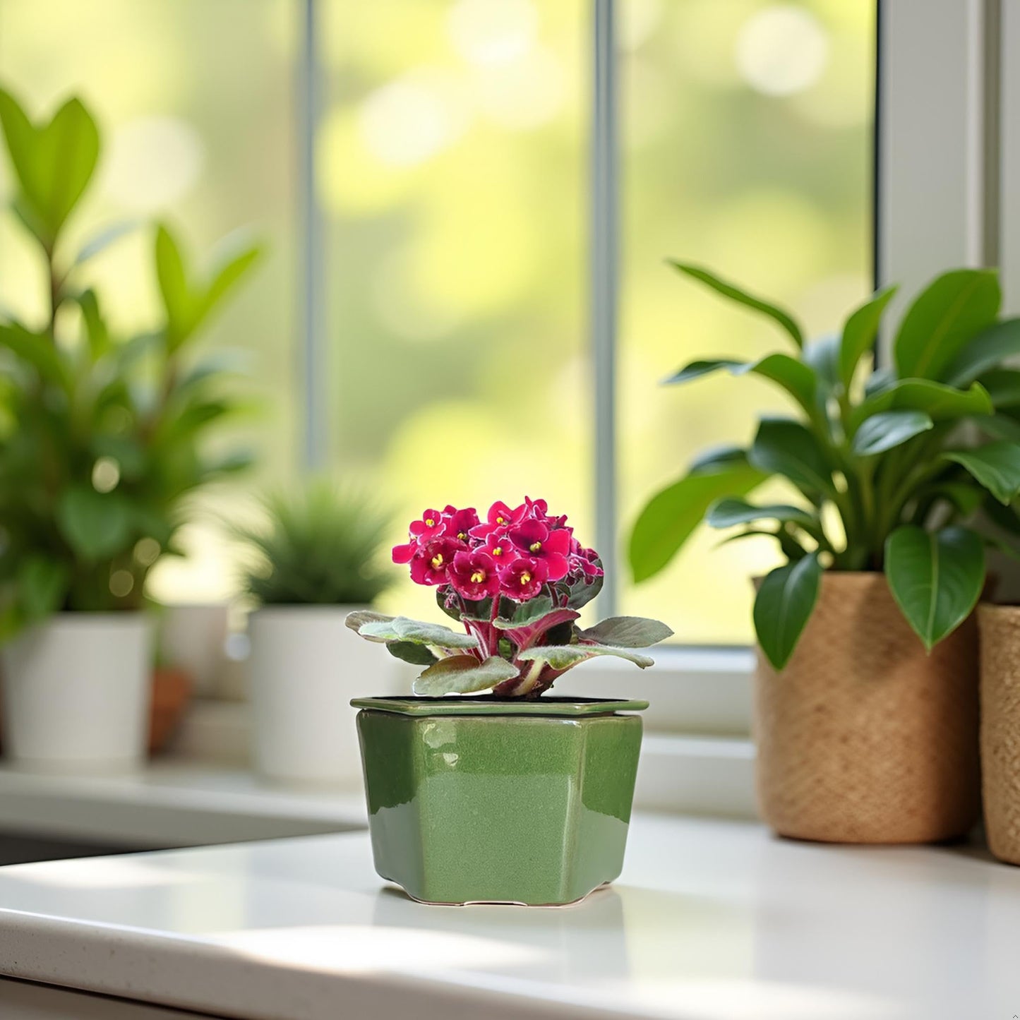 Dphagesy African Violet Pots 6 inch Hexagon Self-Watering Ceramic Pots 4.50'' Opening(Green)