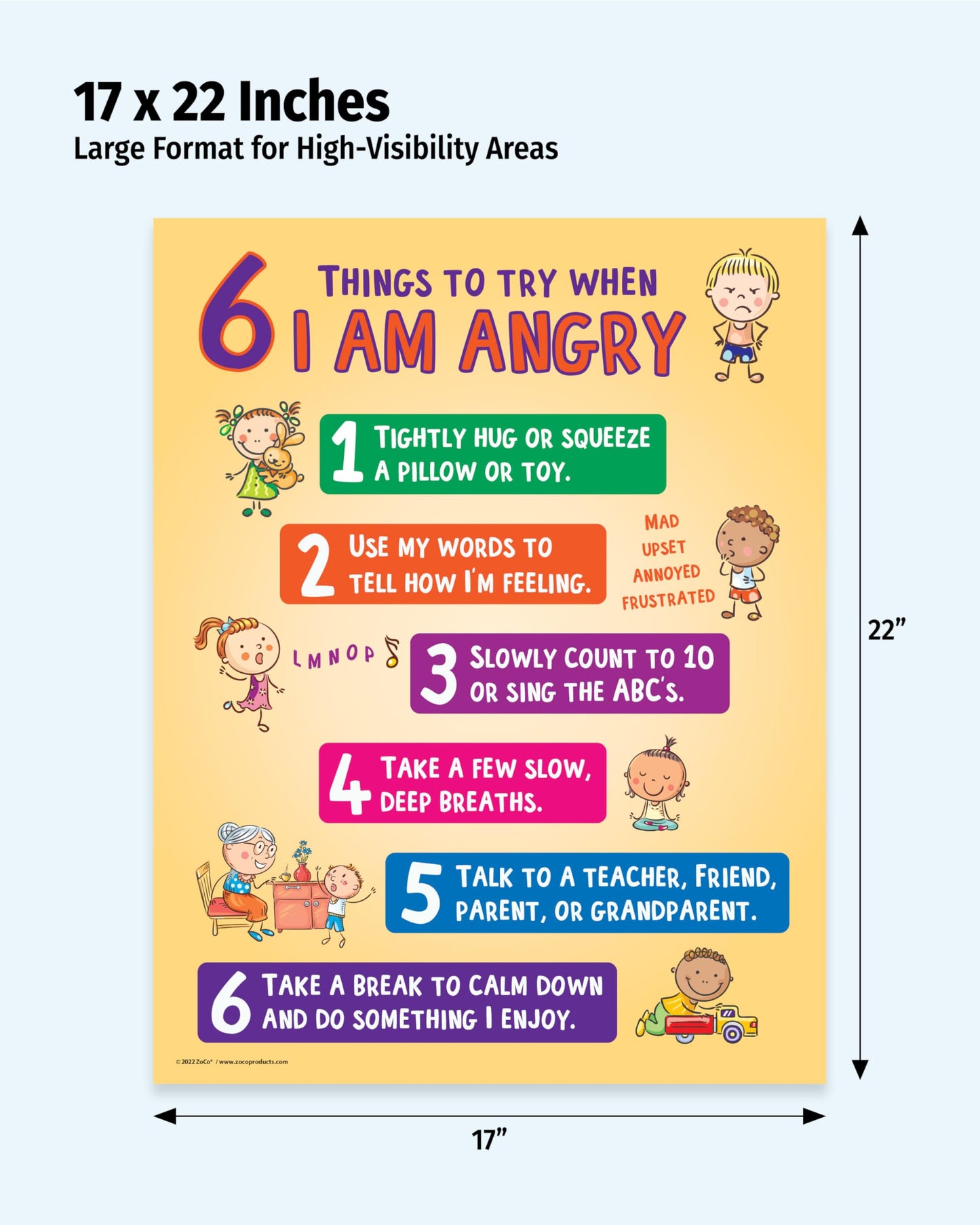 ZOCO – 6 Anger Control Strategies Posters (10-Pack) – Calm Down and Manage Emotions for Toddlers – Classroom Behavior Management for Preschool, Daycare, and Homeschool – Made in USA