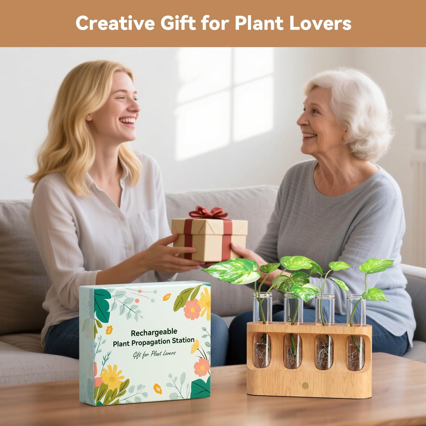 Giunn Rechargeable Plant Propagation Station with Stepless Dimming LED Light, Wooden Stand, 4 Glass Test Tubes, Home Decor for Hydroponic Plants, Unique Gifts for Women & Plant Lovers