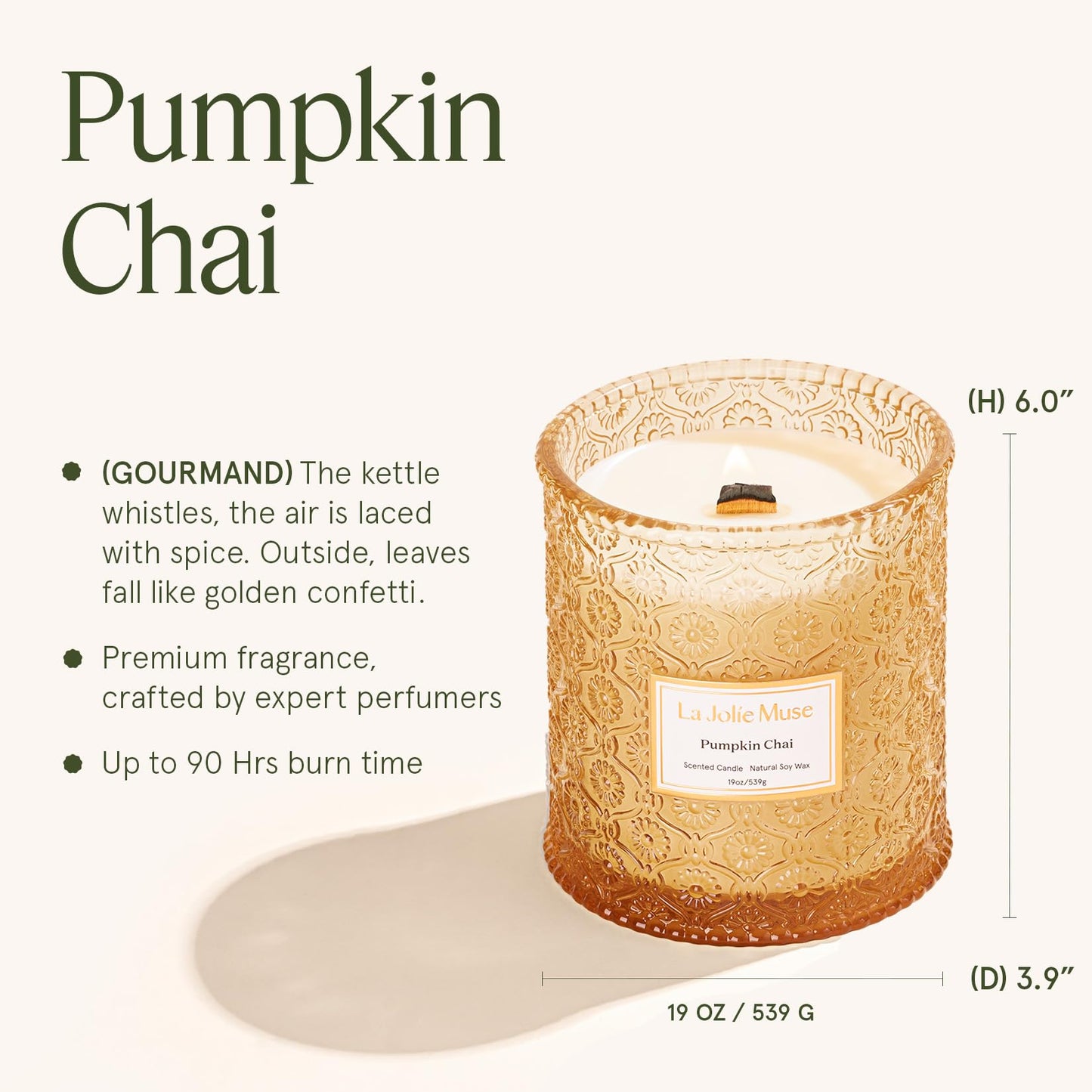 LA JOLIE MUSE Pumpkin Chai Home Scented Candle for Fall | 19 oz Non Toxic Natural Soy | Luxury Large Jar Candle for Home | Decor Gifts for Women & Men | Wood Wick
