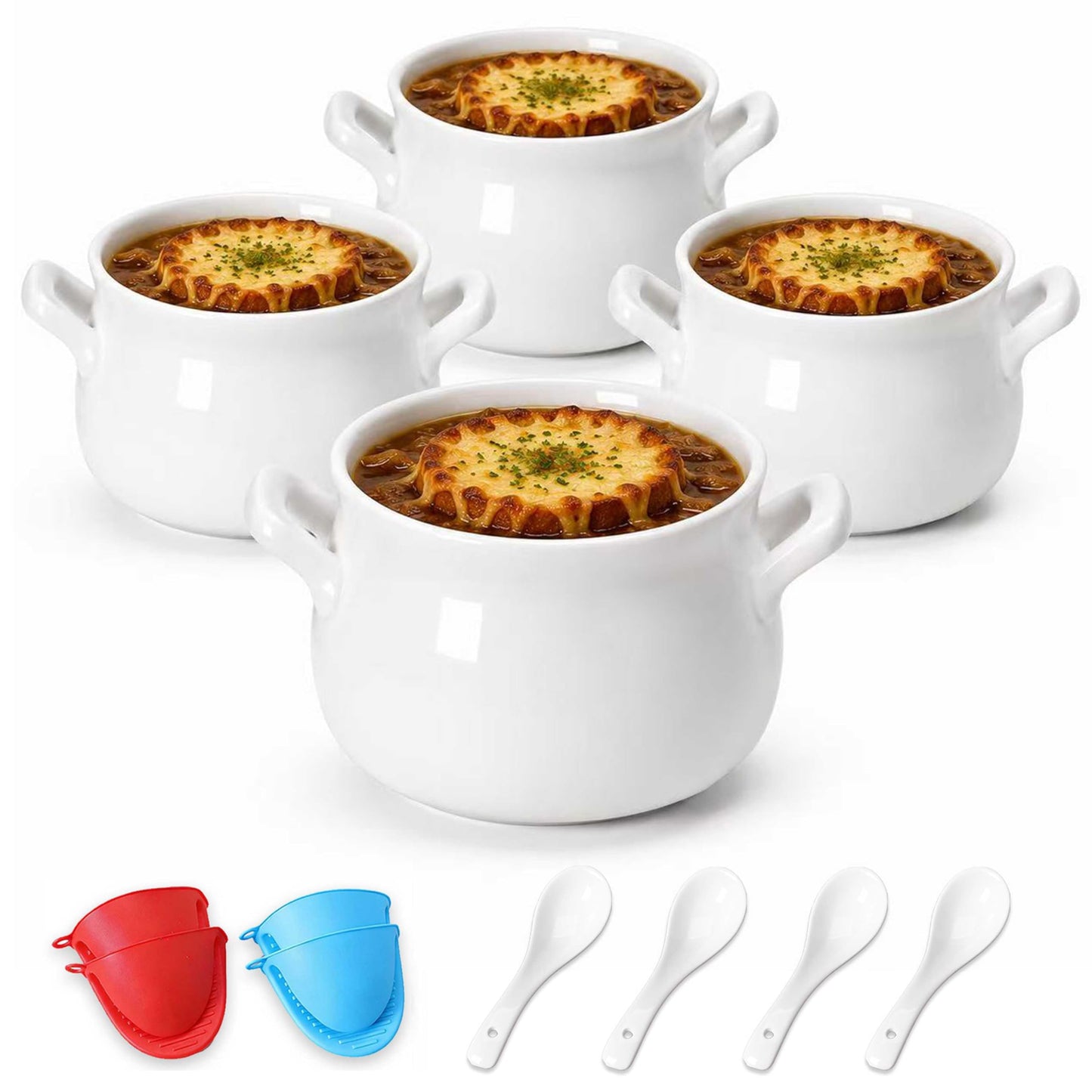 20oz French Onion Soup Bowls with handles Set of 4, 2 Mitts & 4 Spoons Included, Ceramic Oven Safe,Perfect for Soups, Chicken, Vegetable, Beef, Oatmeal, Chili, Corn, Clam, Pumpkin & More (White)