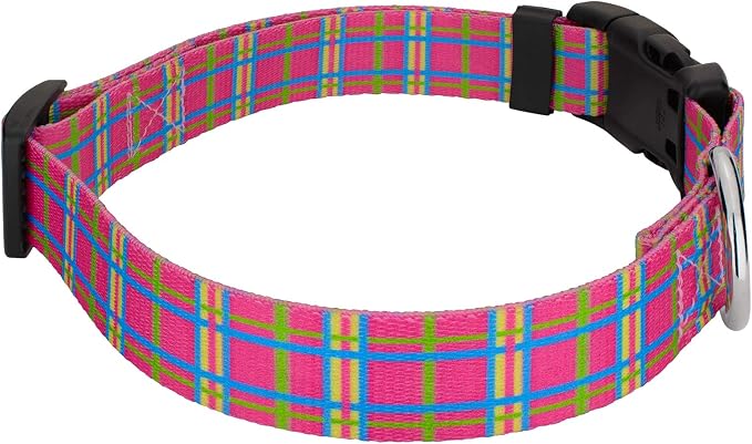 Country Brook Petz - Bubblegum Pink Plaid Everyday Collar and Leash - Plaid and Argyle Collection Featuring Charming Designs (1/2 Inch, Extra Small)