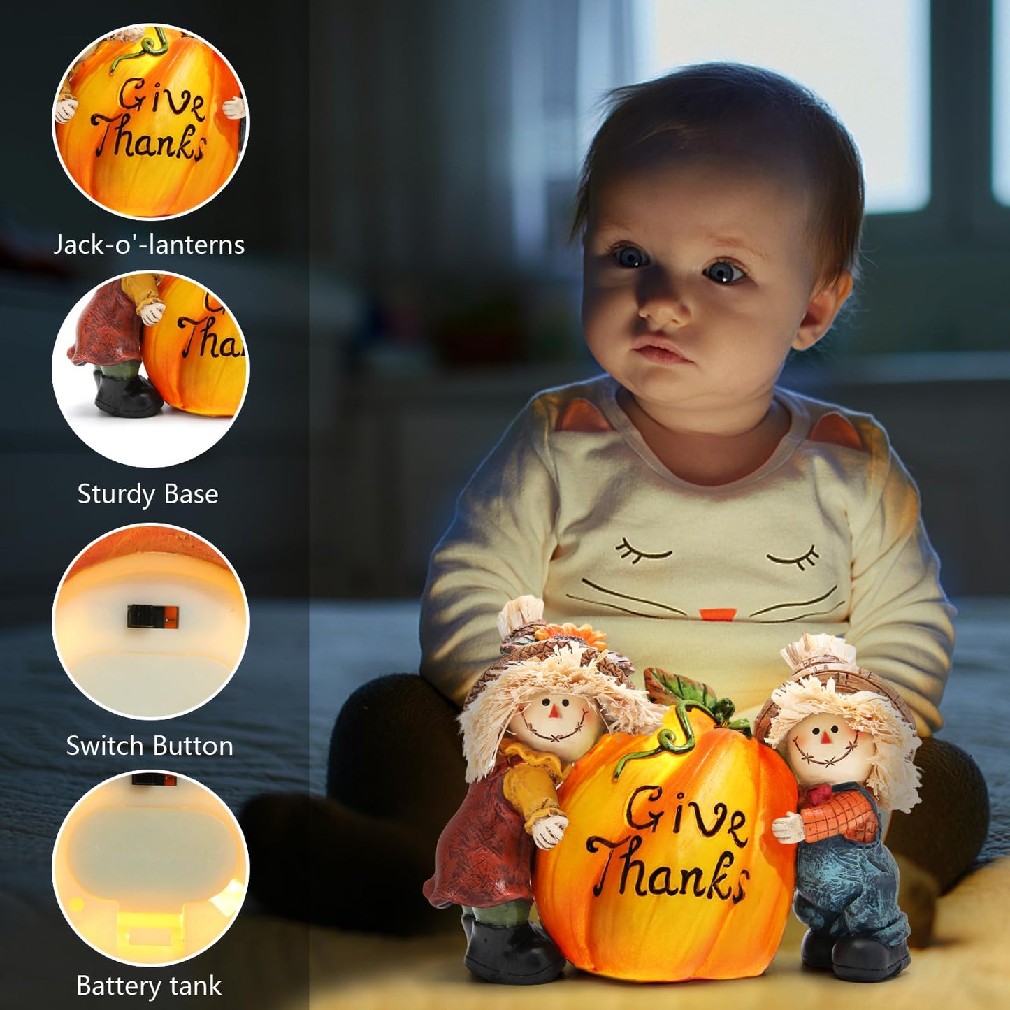 Hodao Fall Thanksgiving Resin Scarecrow Pumpkin Figurines - Adorable Scarecrow Embrace Pumpkin Decorations for Home Indoor Table Decor-Fall Thanksgiving Gifts