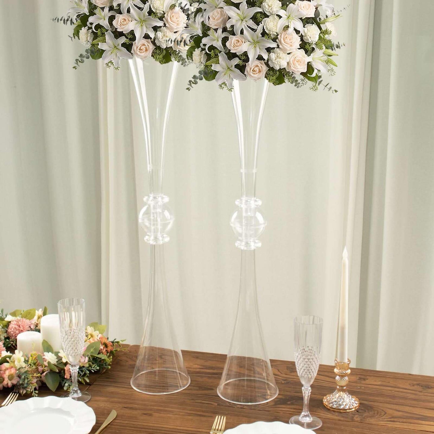Efavormart 2 Pack | 31" Clear Crystal Embellishment Trumpet Table Centerpiece, Reversible Plastic Flower Vase