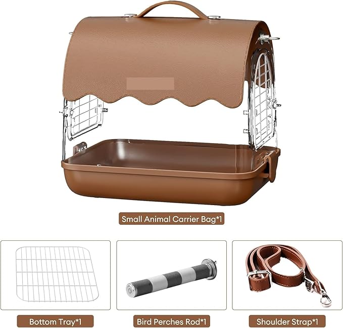 Bird Cage Parrot Cage Bird Carrier Backpack with Perch, Transparent Travel Bird Cage Bag with Shade Cover Visible Window for Parrots Budgie Flight Birdcage(Brown)