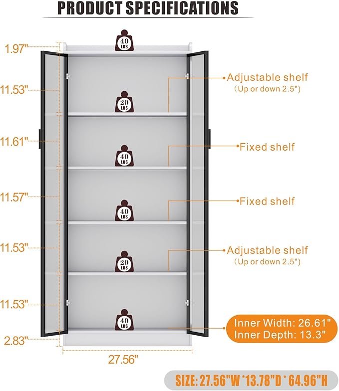 Dystler Display Cabinet with Doors and Adjustable Shelves, 5 Tier Display Case