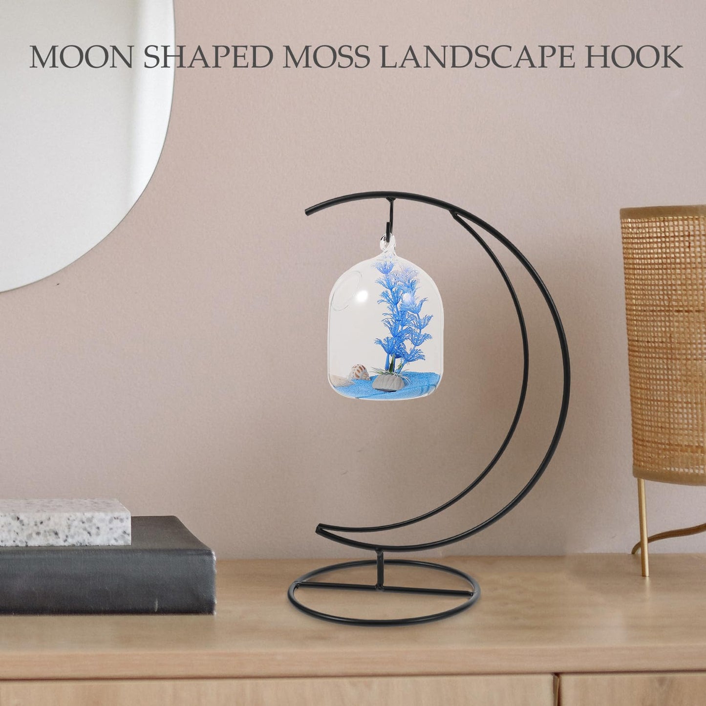 SUPVOX Moon-shaped Ornament Display Stand Hanging Hook, 2pcs Black Metal Air Plant Holder for Glass Globe Terrarium, DIY Micro Landscape Hanger for Home Décor and Garden Use