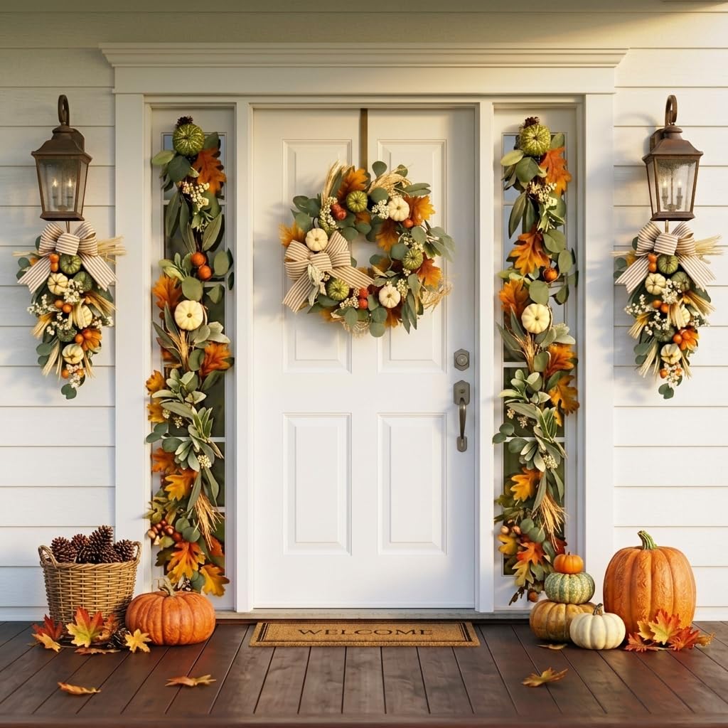 Valery Madelyn Fall Garland for Mantle, 9ft Lambs Ear Leaves Garland with Lights White Pumpkins Thanksgiving Table Centerpiece, Fall Autumn Decorations for Home Porch Fireplace Outdoor Halloween Decor