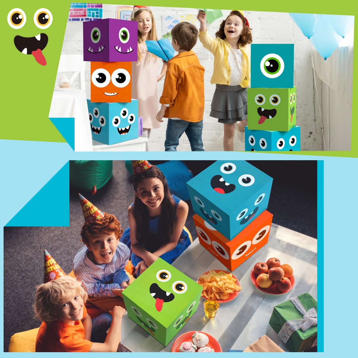 Foilswirl 6 Pcs Monster Birthday Party Decoration Cartoon Big Party Favor Boxes Blue Purple Theme Decor Monster Large Treat Candy Cookie Boxes 11.8'' x 11.8'' for Birthday Baby Shower Photo Booth Prop