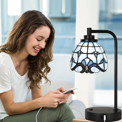HomeBeauty TL0016 Tiffany Style Stained Glass Table Lamp with USB Charging Ports, Desk Lamp with Blue Baroque Lamp Shade, Retro Nightstand H 14.5" for Bedroom Office, LED Bulb Included (Blue)