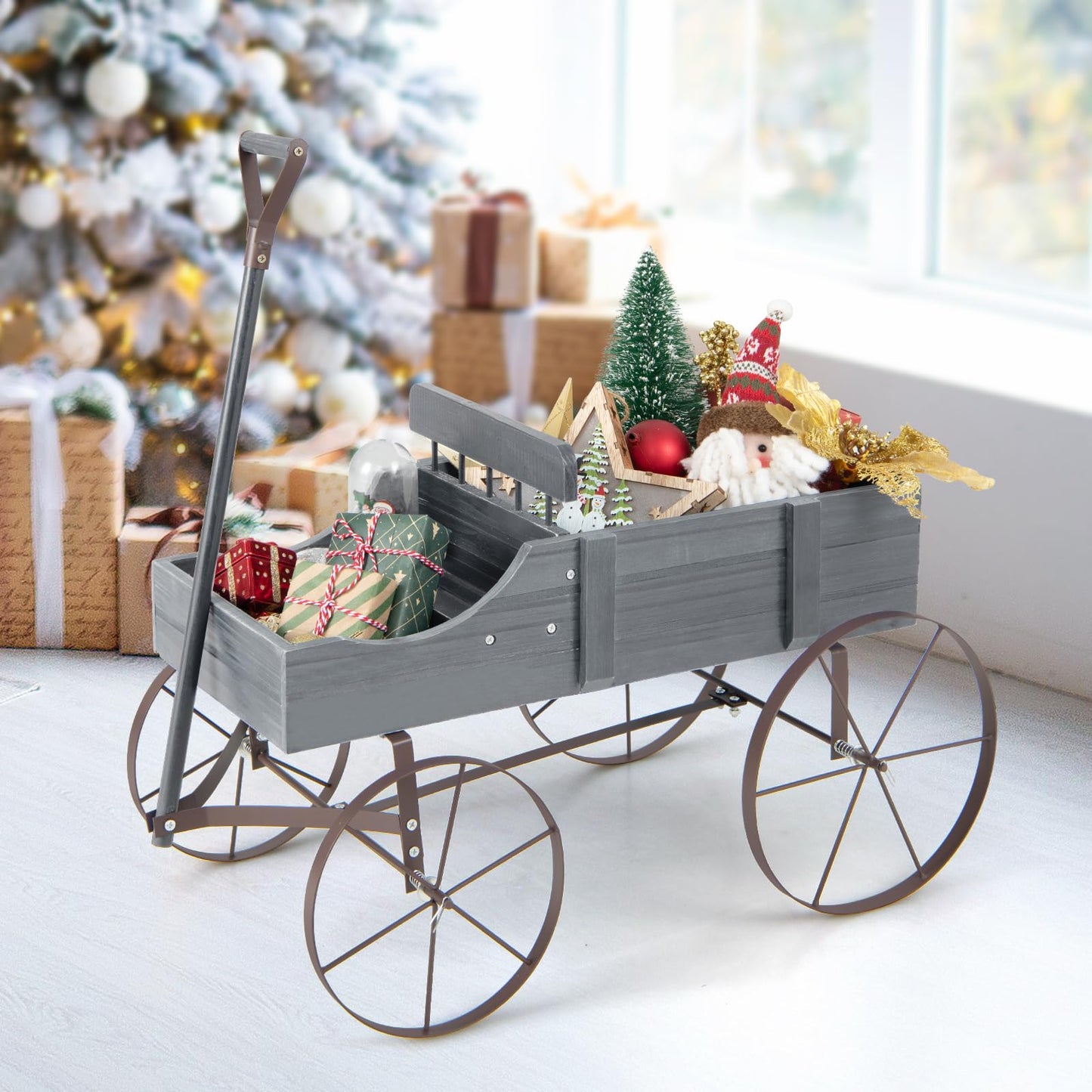 Giantex Decorative Garden Planter, Small Wagon Cart with Metal Wheels, Wood Raised Beds Plant Pot Stand for Backyard Garden Patio 24.5”Lx13.5”Wx24”H (Gray)