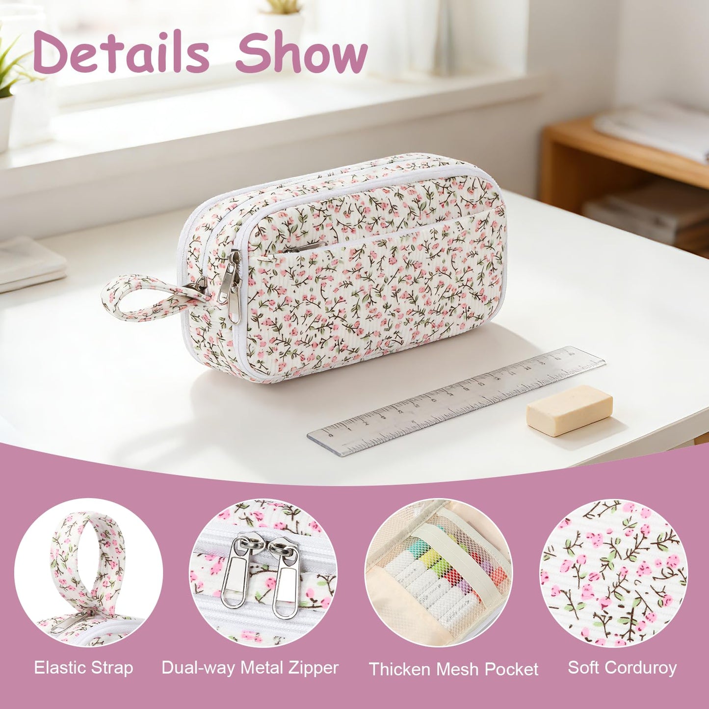 BuyCard Big Capacity Pencil Pouch, Pink Floral Corduroy 4-Compartment Pen Bag, Aesthetic Stationery Organizer for Teen Girls Women, Must-Have for Teacher, Makeup & Electrical Goods Storage Case